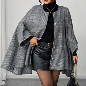 Plus Plaid Print Button Down 3/4 Sleeve Ruffle Hem Jacket Coat 1X 2X 3X 4X